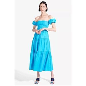 Staud Elio Off-Shoulder Tiered Midi Dress Turquoise Aqua Blue Size 00